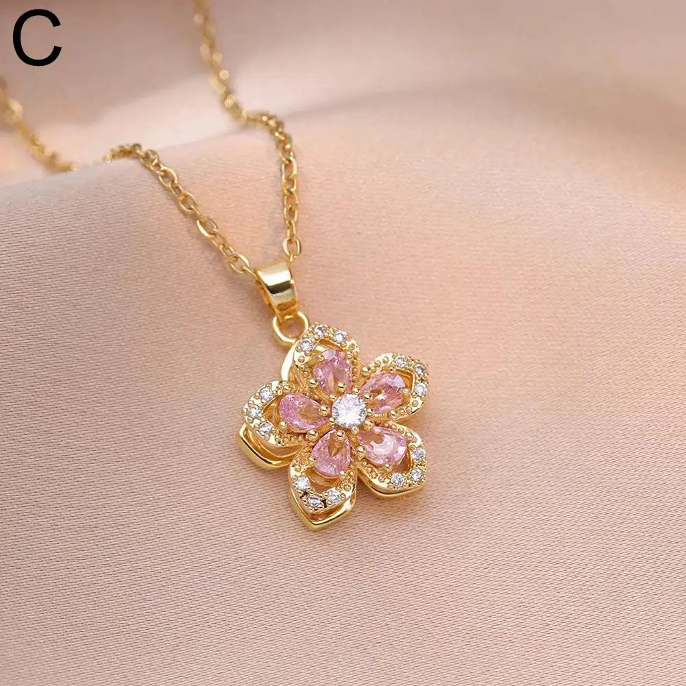 Rotating Bauhinia Zirconia Flowers Niche Light Luxury Temperament Pendant Steel Titanium Design New Necklace U9P1