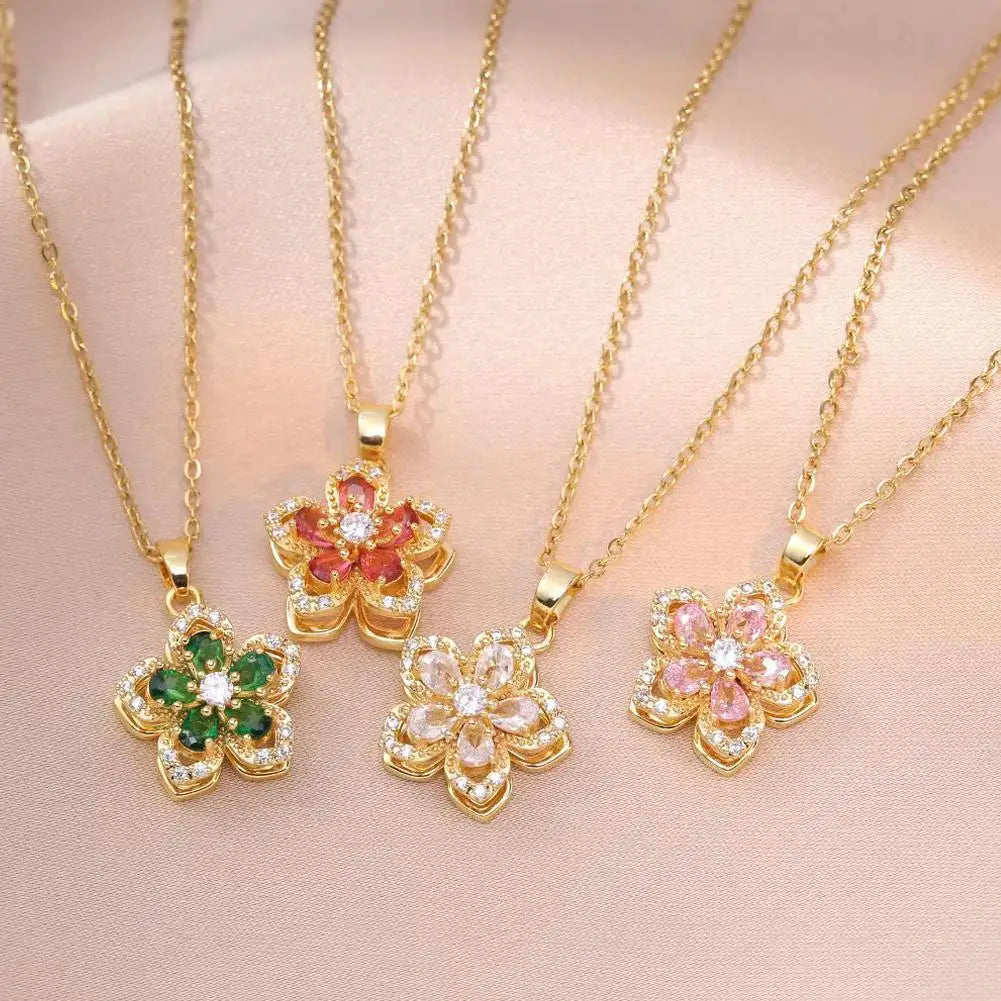 Rotating Bauhinia Zirconia Flowers Niche Light Luxury Temperament Pendant Steel Titanium Design New Necklace U9P1