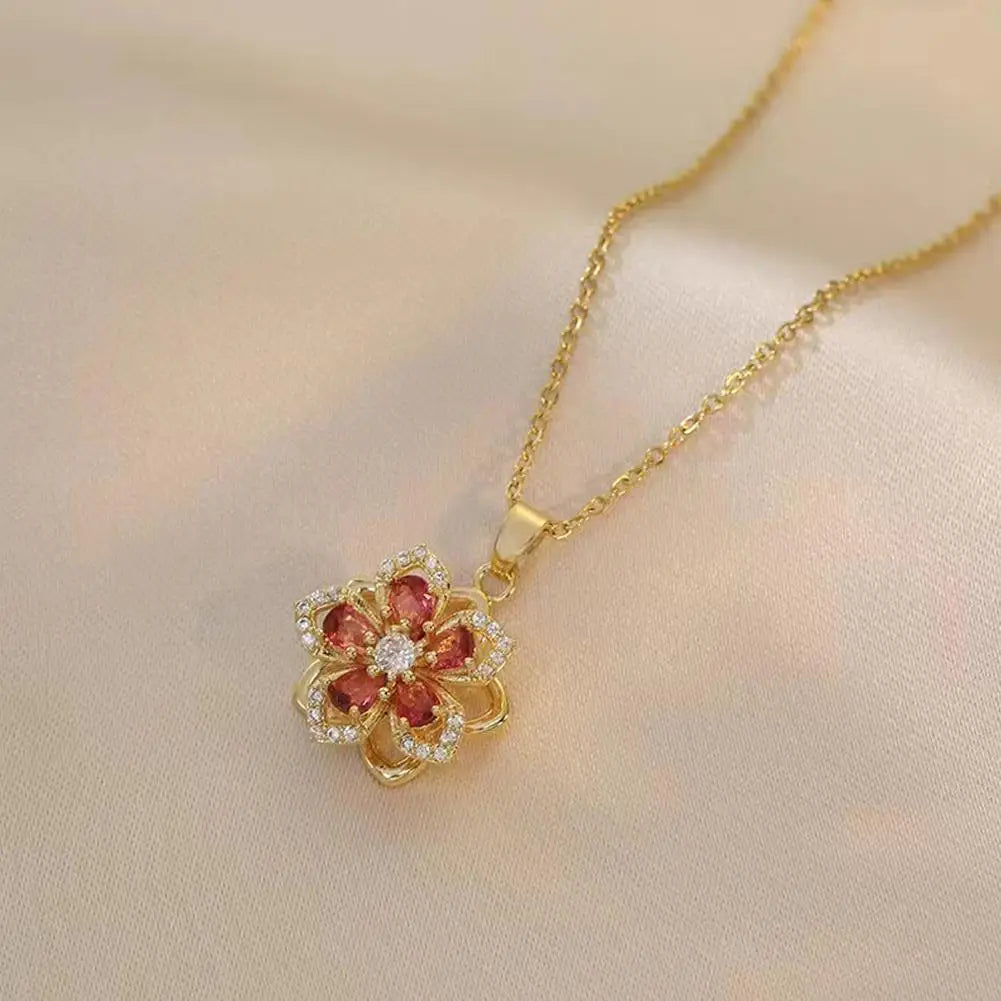 Rotating Bauhinia Zirconia Flowers Niche Light Luxury Temperament Pendant Steel Titanium Design New Necklace U9P1