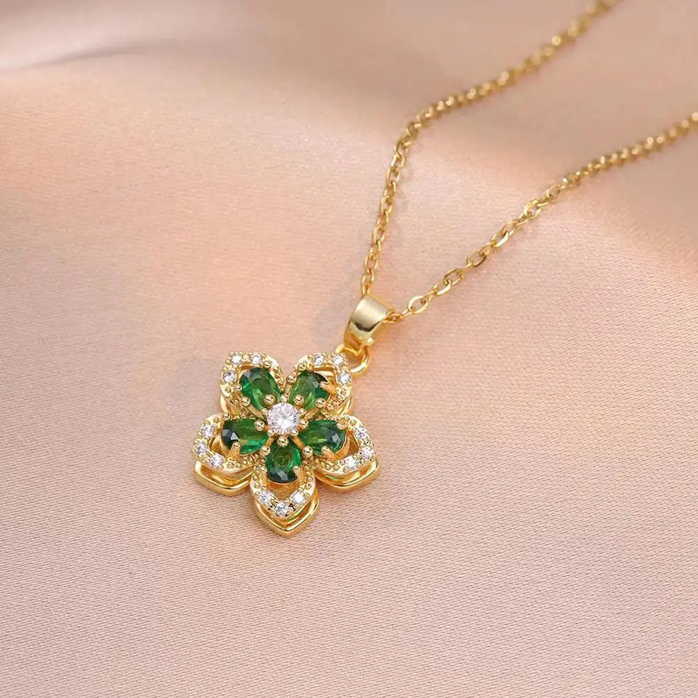 Rotating Bauhinia Zirconia Flowers Niche Light Luxury Temperament Pendant Steel Titanium Design New Necklace U9P1