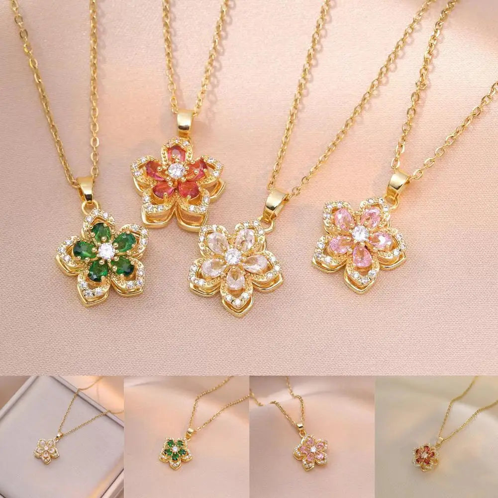 Rotating Bauhinia Zirconia Flowers Niche Light Luxury Temperament Pendant Steel Titanium Design New Necklace U9P1