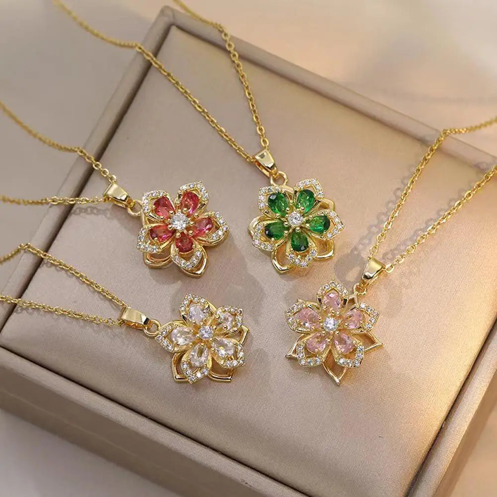 Rotating Bauhinia Zirconia Flowers Niche Light Luxury Temperament Pendant Steel Titanium Design New Necklace U9P1