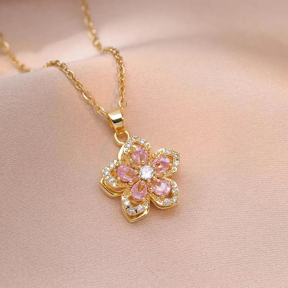 Rotating Bauhinia Zirconia Flowers Niche Light Luxury Temperament Pendant Steel Titanium Design New Necklace U9P1