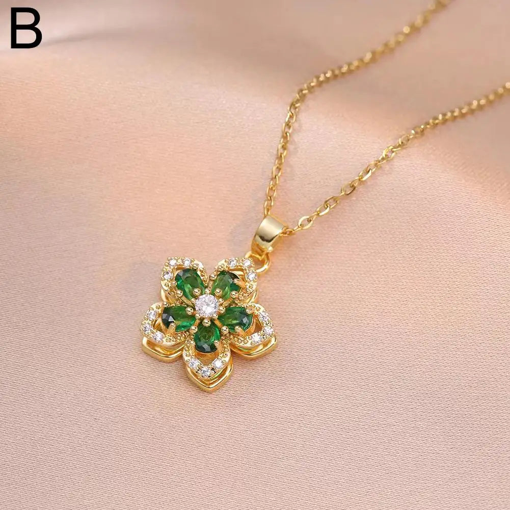 Rotating Bauhinia Zirconia Flowers Niche Light Luxury Temperament Pendant Steel Titanium Design New Necklace U9P1