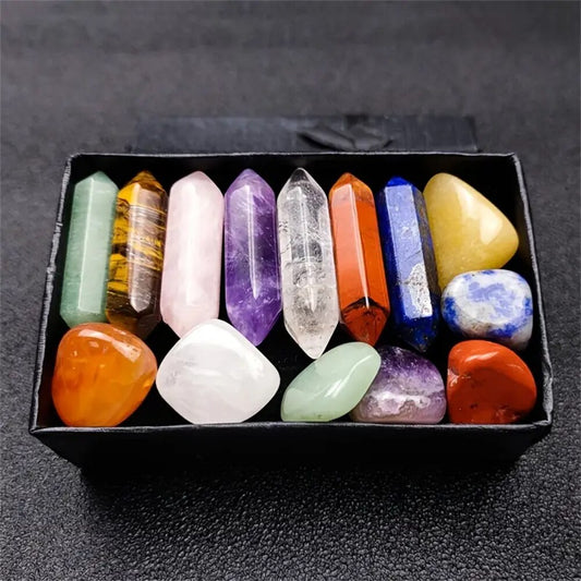 coffret de 14 pierre : Lapis lazuli, red jasper, clear quartz, amethyst, rose quartz, aventurine, tiger eye jasper